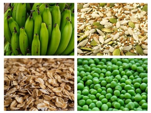 Resistente Stärke: Grüne Bananen. Körner und Saaten, Haferflocken, Hülsenfrüchte