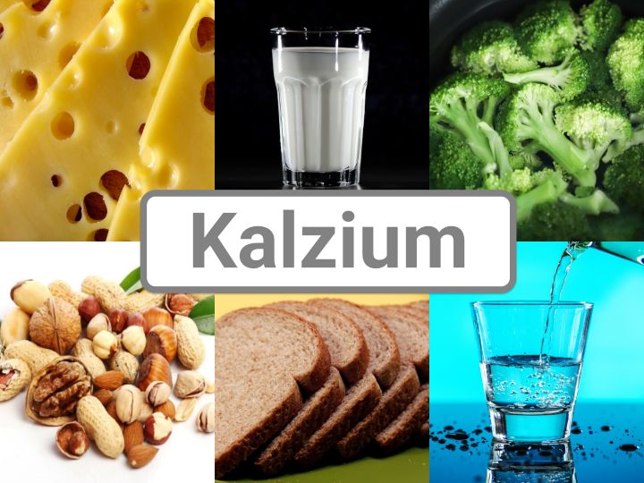 Lebensmittel mit Kalzium: Käse, Milch, Brokkoli, Nüsse, Vollkornbrot, Mineralwasser