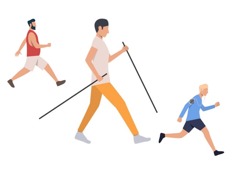 Gegengleiche Bewegung der Arme und Beine beim Nordic Walking, Gehen und Laufen
